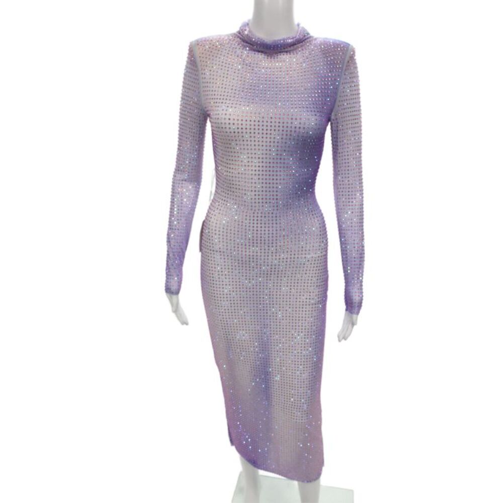 Self Portrait Women Bodycon Long Sleeve Mock Neck Long Dress Purple Size 2